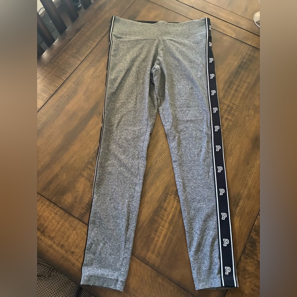Victoria's Secret PINK yoga Grey Leggings with Black Logo Side Tape